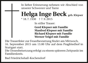 Traueranzeige von Helga Inge Beck 