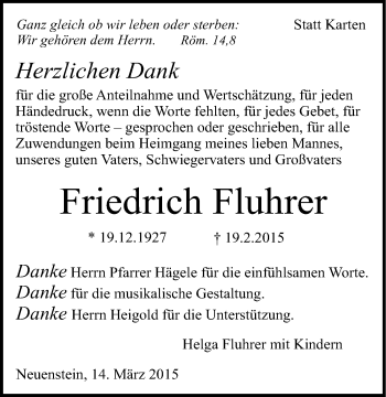 Traueranzeige von Friedrich Fluhrer 