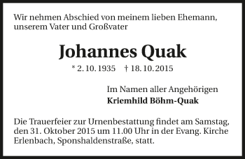 Traueranzeige von Johannes Quak 