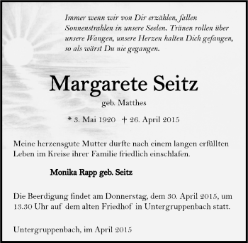 Traueranzeige von Margarethe Seitz 