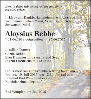 Traueranzeige von Aloysius Rebbe 