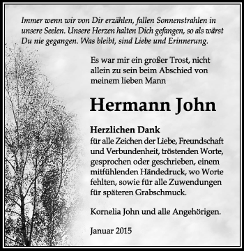 Traueranzeige von Hermann John 