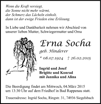 Traueranzeige von Erna Socha 