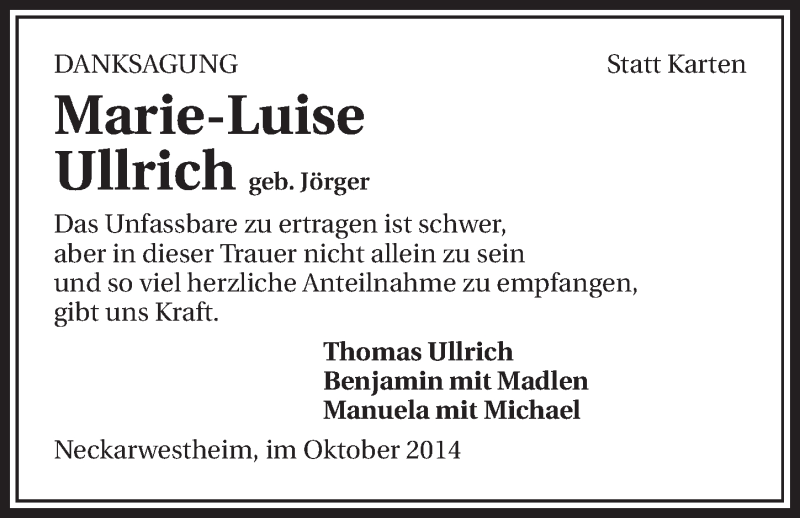  Traueranzeige für Marie-Luise Ullrich vom 27.10.2014 aus 