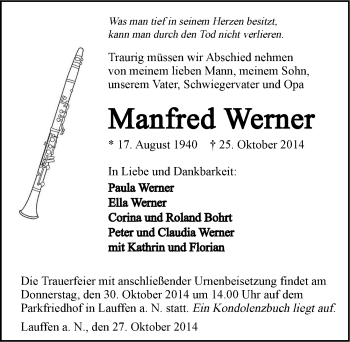 Traueranzeige von Manfred Werner 