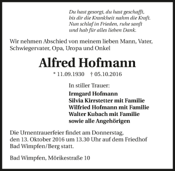 Traueranzeige von Alfred Hofmann 