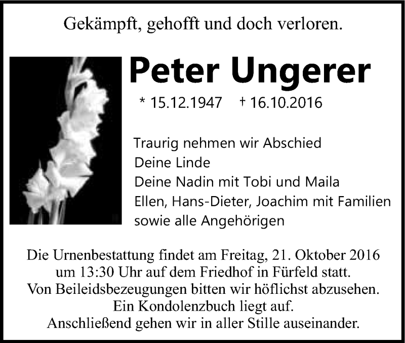  Traueranzeige für Peter Ungerer vom 18.10.2016 aus 