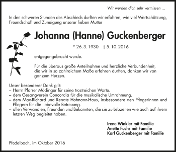 Traueranzeige von Johanna Guckenberger 