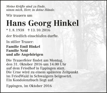 Traueranzeige von Hans Georg Hinkel 