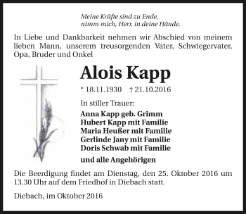 Traueranzeige von Alois Kapp 