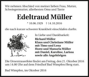 Traueranzeige von Edeltraud Müller 