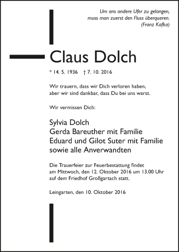 Traueranzeige von Claus Dolch 