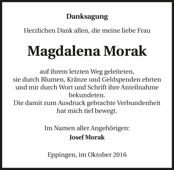 Traueranzeige von Magdalena Morak 