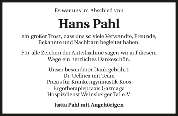 Traueranzeige von Hans Pahl 