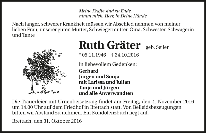  Traueranzeige für Ruth Gräter vom 31.10.2016 aus 