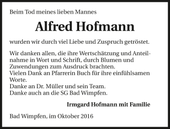 Traueranzeige von Alfred Hofmann 