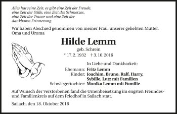 Traueranzeige von Hilde Lemm 