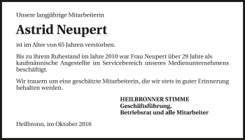 Traueranzeige von Astrid Neupert 