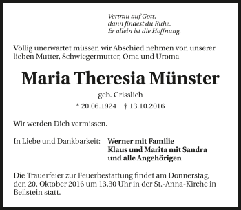 Traueranzeige von Maria Theresia Münster 