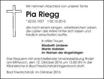 Traueranzeige von Pia Riegg 