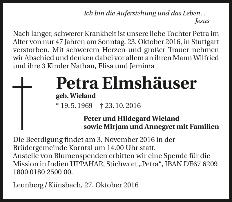  Traueranzeige für Petra Elmshäuser vom 27.10.2016 aus 