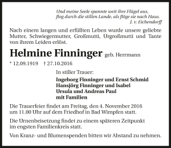 Traueranzeige von Helmine Finninger 