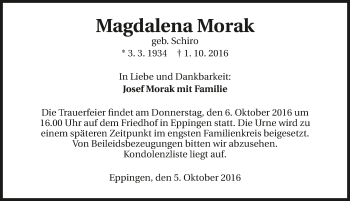 Traueranzeige von Magdalena Morak 