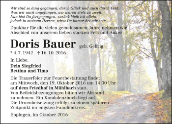 Traueranzeige von Doris Bauer 