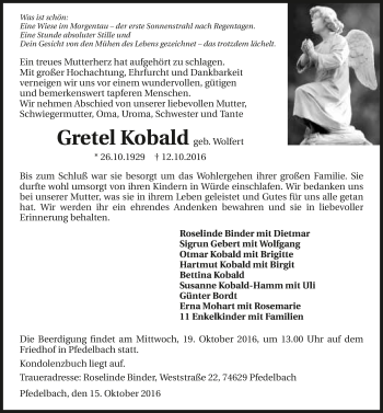 Traueranzeige von Gretel Kobald 