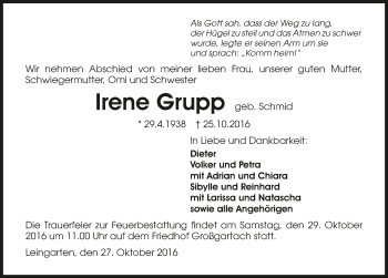 Traueranzeige von Irene Grupp 