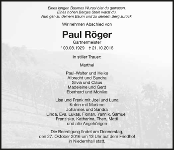 Traueranzeige von Paul Röger 