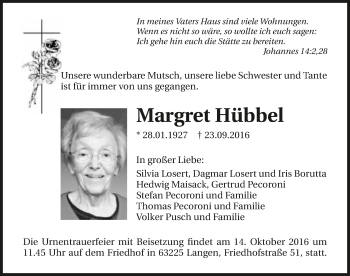 Traueranzeige von Margret Hübbel 