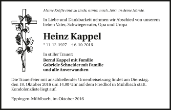 Traueranzeige von Heinz Kappel 