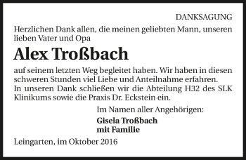 Traueranzeige von Alex Troßbach 