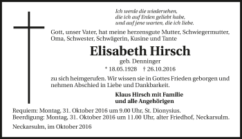 Traueranzeige von Elisabeth Hirsch 