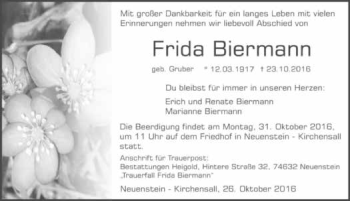 Traueranzeige von Frida Biermann 