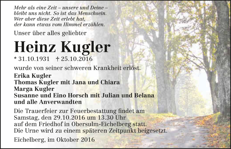  Traueranzeige für Heinz Kugler vom 27.10.2016 aus 