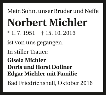 Traueranzeige von Norbert Michler 