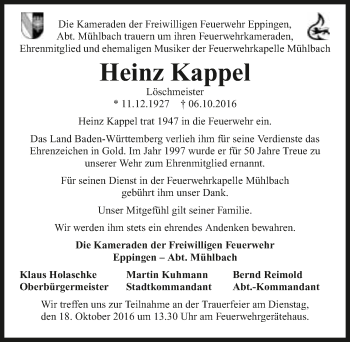 Traueranzeige von Heinz Kappel 