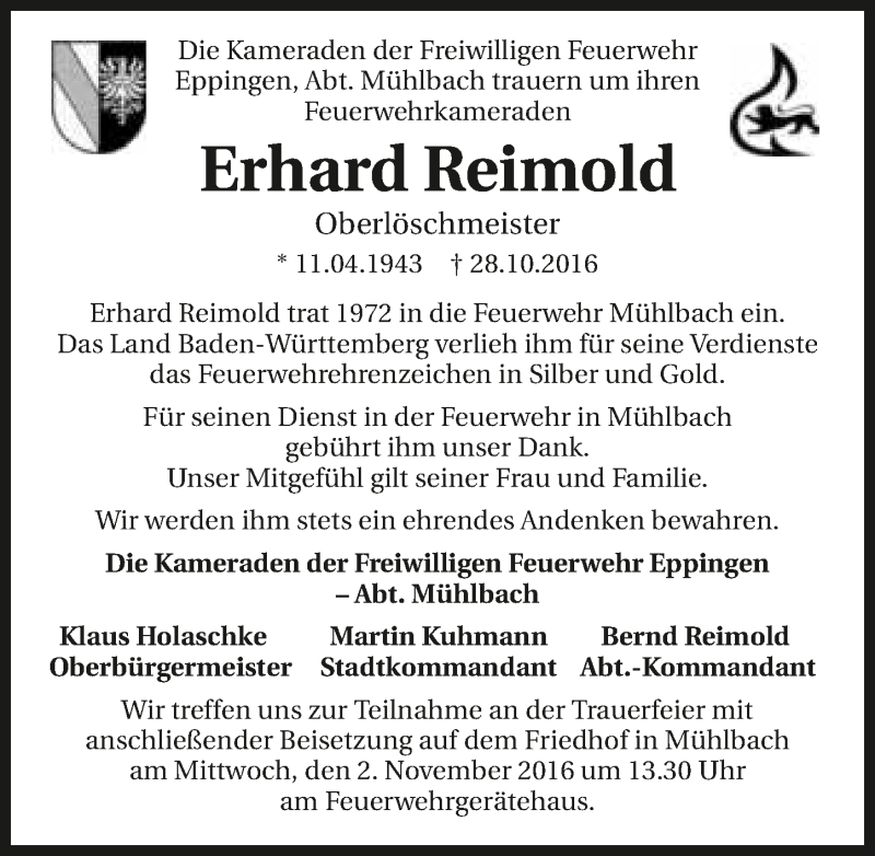  Traueranzeige für Erhard Reimold vom 31.10.2016 aus 