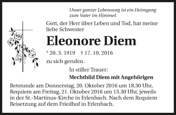 Traueranzeige von Eleonore Diem 