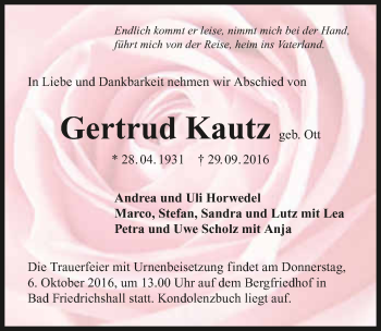 Traueranzeige von Gertrud Kautz 