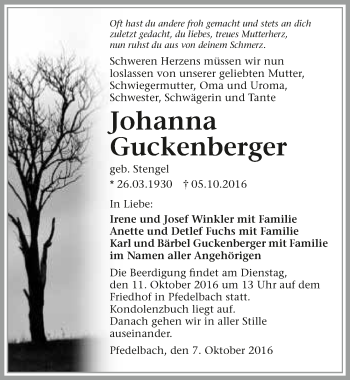 Traueranzeige von Johanna Guckenberger 