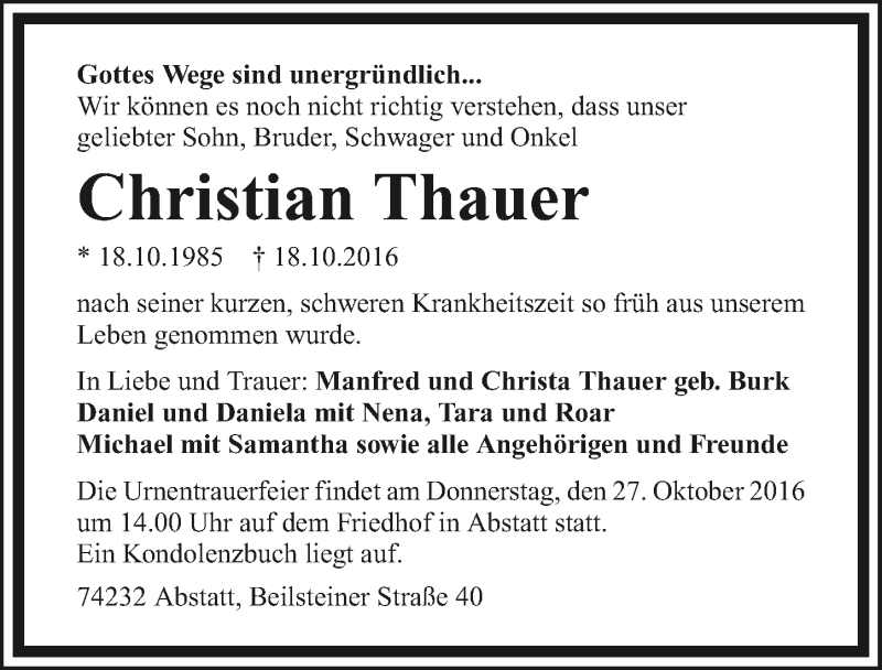  Traueranzeige für Christian Thauer vom 22.10.2016 aus 