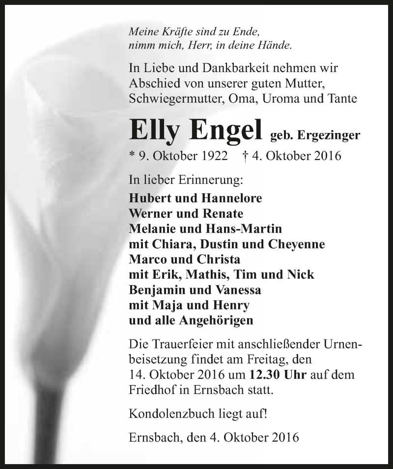  Traueranzeige für Elly Engel vom 11.10.2016 aus 