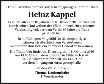 Traueranzeige von Heinz Kappel 