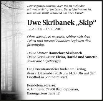 Traueranzeige von Uwe Skribanek 