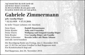 Traueranzeige von Gabriele Zimmermann 