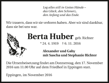 Traueranzeige von Berta Huber 