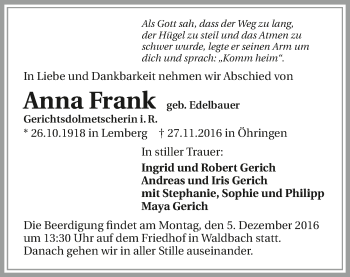 Traueranzeige von Anna Frank 